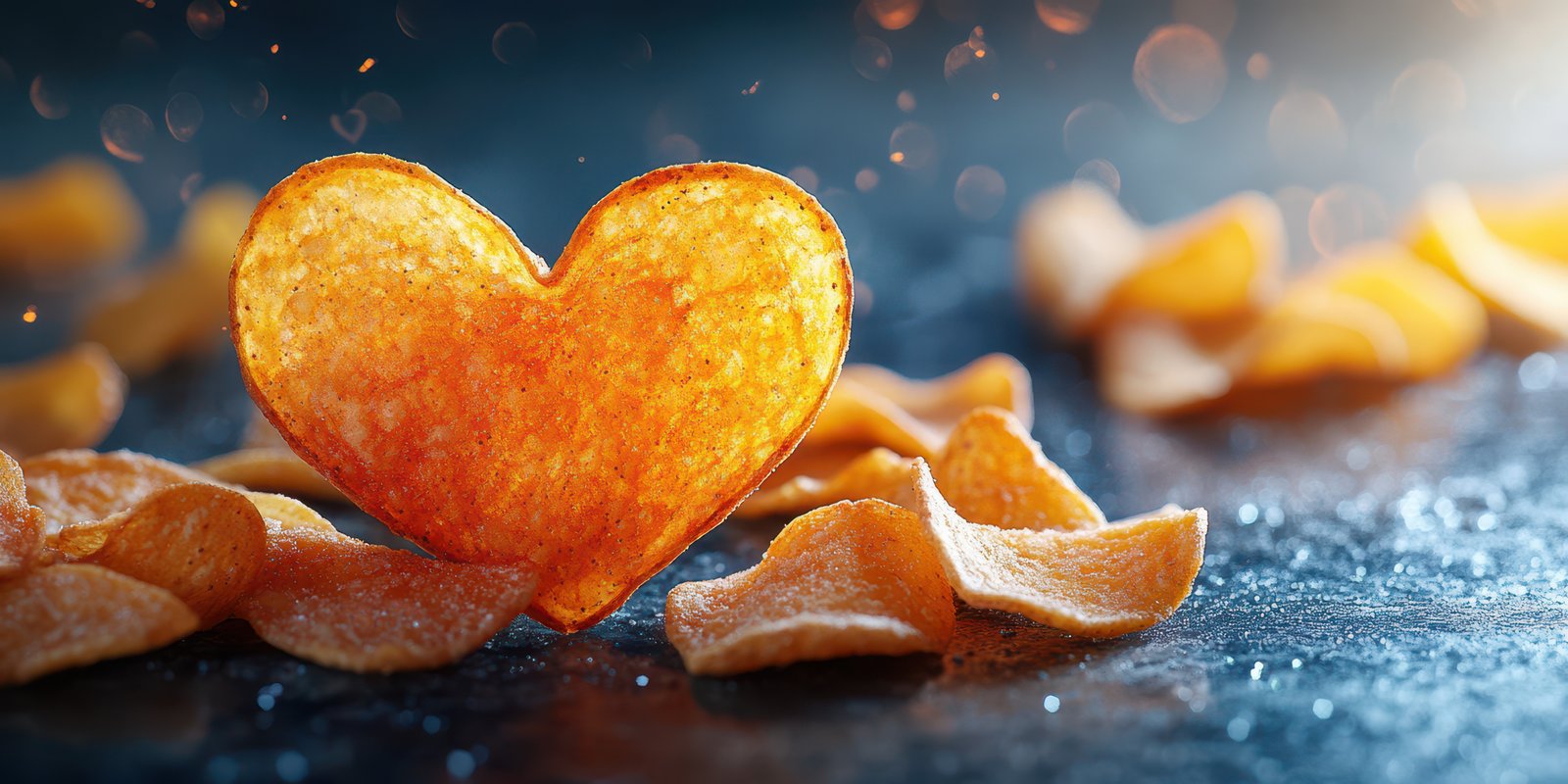 Unique heart-shaped crisp stands out among scattered chips on a dark surface illuminated by soft light during an evening snack